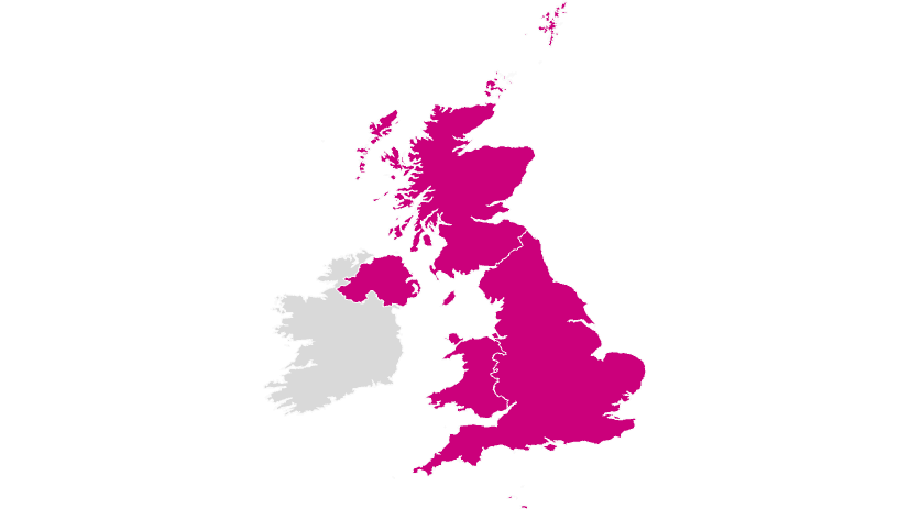 Map of United Kingdom in Pink Highlighting a national mobile vet service across England Wales Scotland and N Ireland