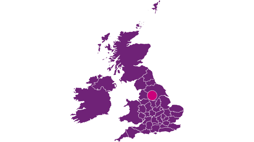 Map of Britain in purple with mobile vet service in Bradford and Leeds for pet euthanasia at home highlighted in pink
