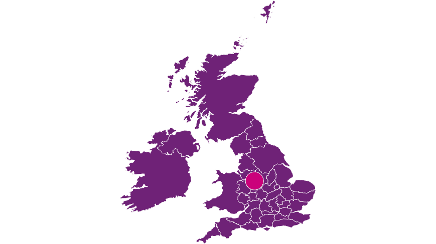 Map of Britain in purple with mobile vet service in Buxton, Derbyshire for pet euthanasia at home highlighted in pink