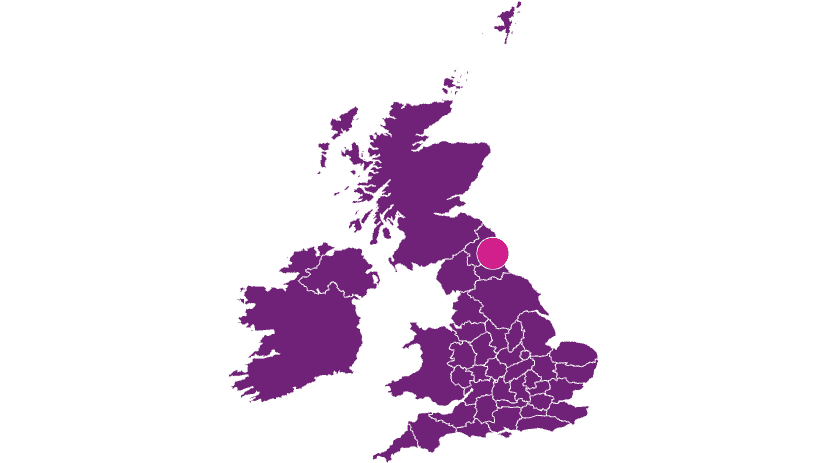 Map of Britain in purple with mobile vet service in Durham and North East for pet euthanasia at home highlighted in pink