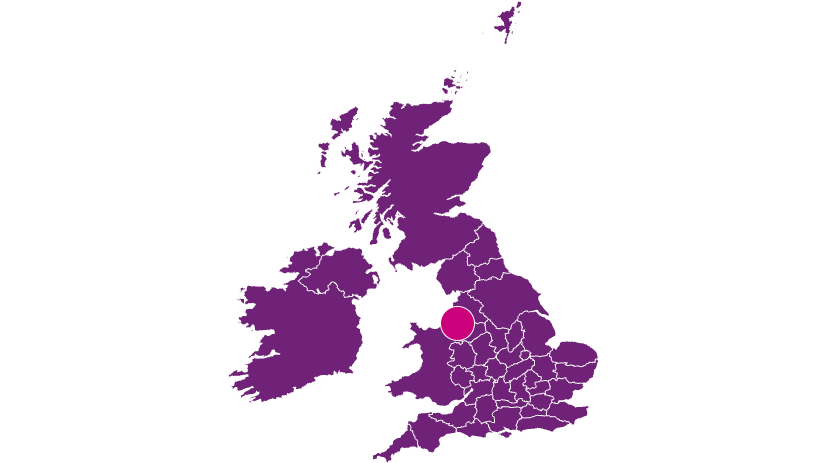 Map of Britain in purple with mobile vet service in Liverpool & Merseyside highlighted in pink