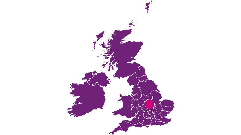 Map of Britain in purple with mobile vet service in Warwickshire Kenilworth, Coventry Rugby for pet euthanasia at home highlighted in pink