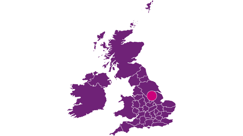 Map of Britain in purple with mobile vet service in Worksop and Doncaster for pet euthanasia at home highlighted in pink