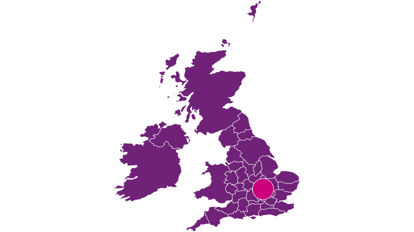 Map of Britain in purple with mobile vet service in buckinghamshire northamptonshire milton keynes highlighted in pink
