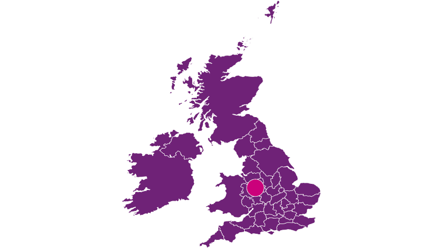 Map of Britain in purple with mobile vet service in Stoke-on-Trent, Staffordshire for pet euthanasia at home highlighted in pink
