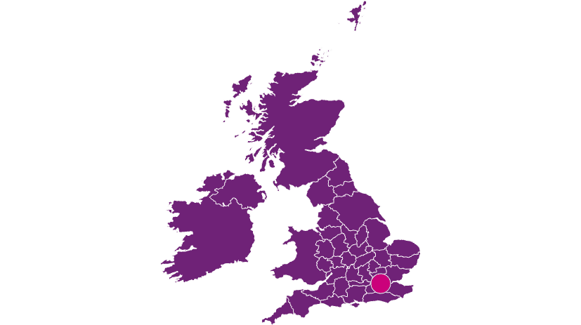 Map of Britain in purple with mobile vet service in Ealing, Acton Kensington & West London for pet euthanasia at home highlighted in pink